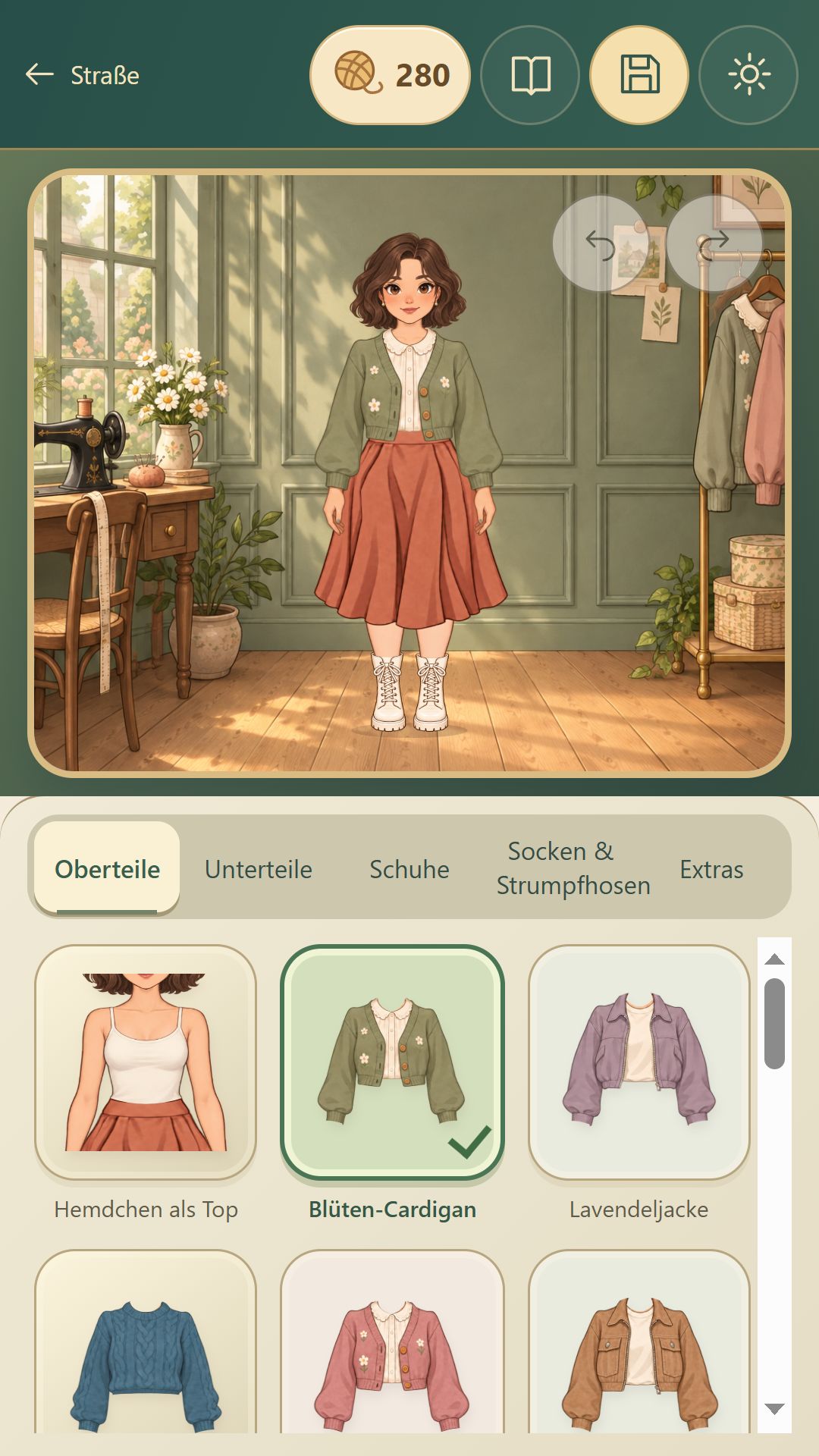 Figur mit Blüten-Cardigan und Rock vor der Kleiderauswahl in der Boutique