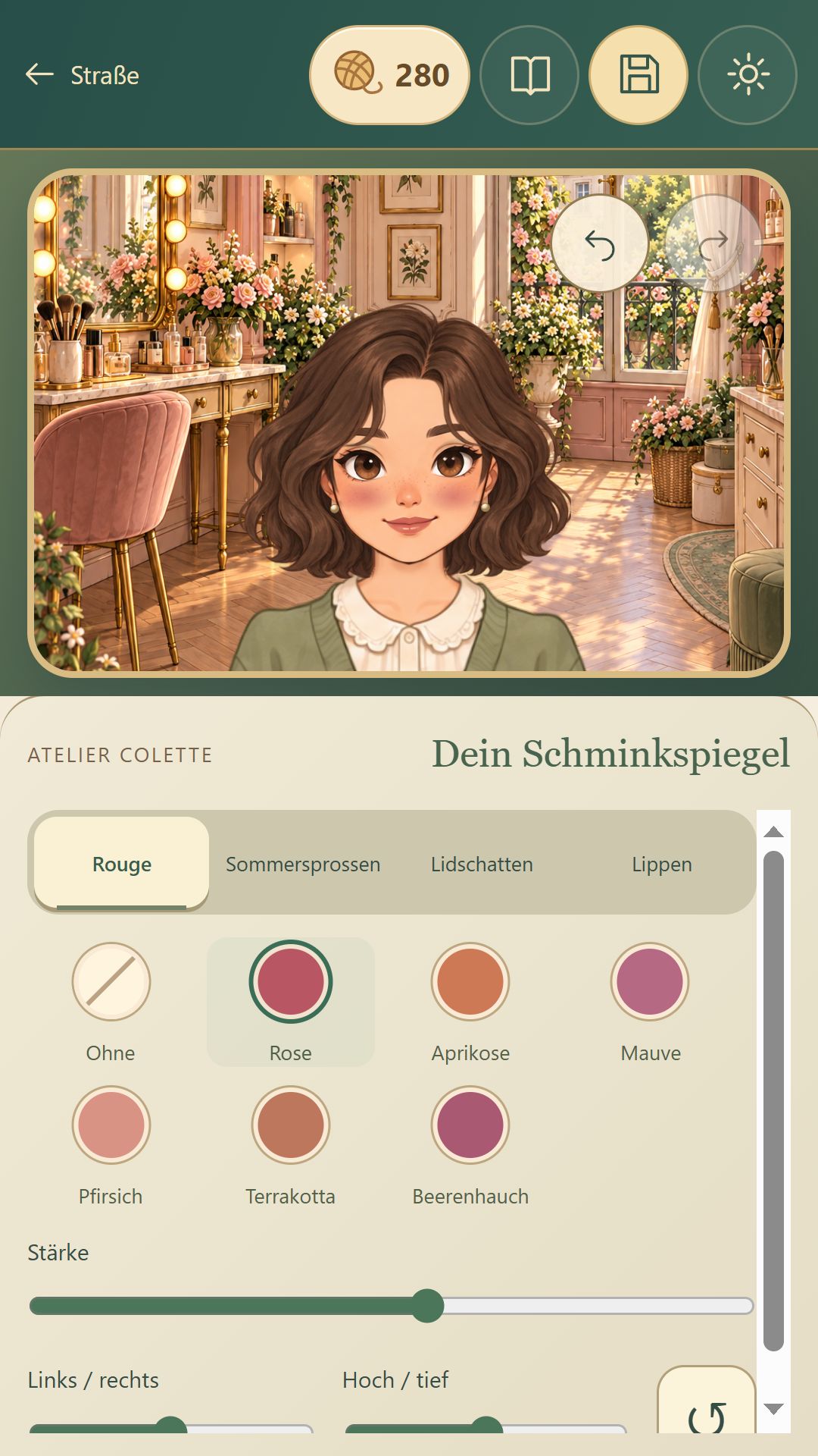 Nahansicht der Figur am Schminkspiegel mit Make-up-Auswahl