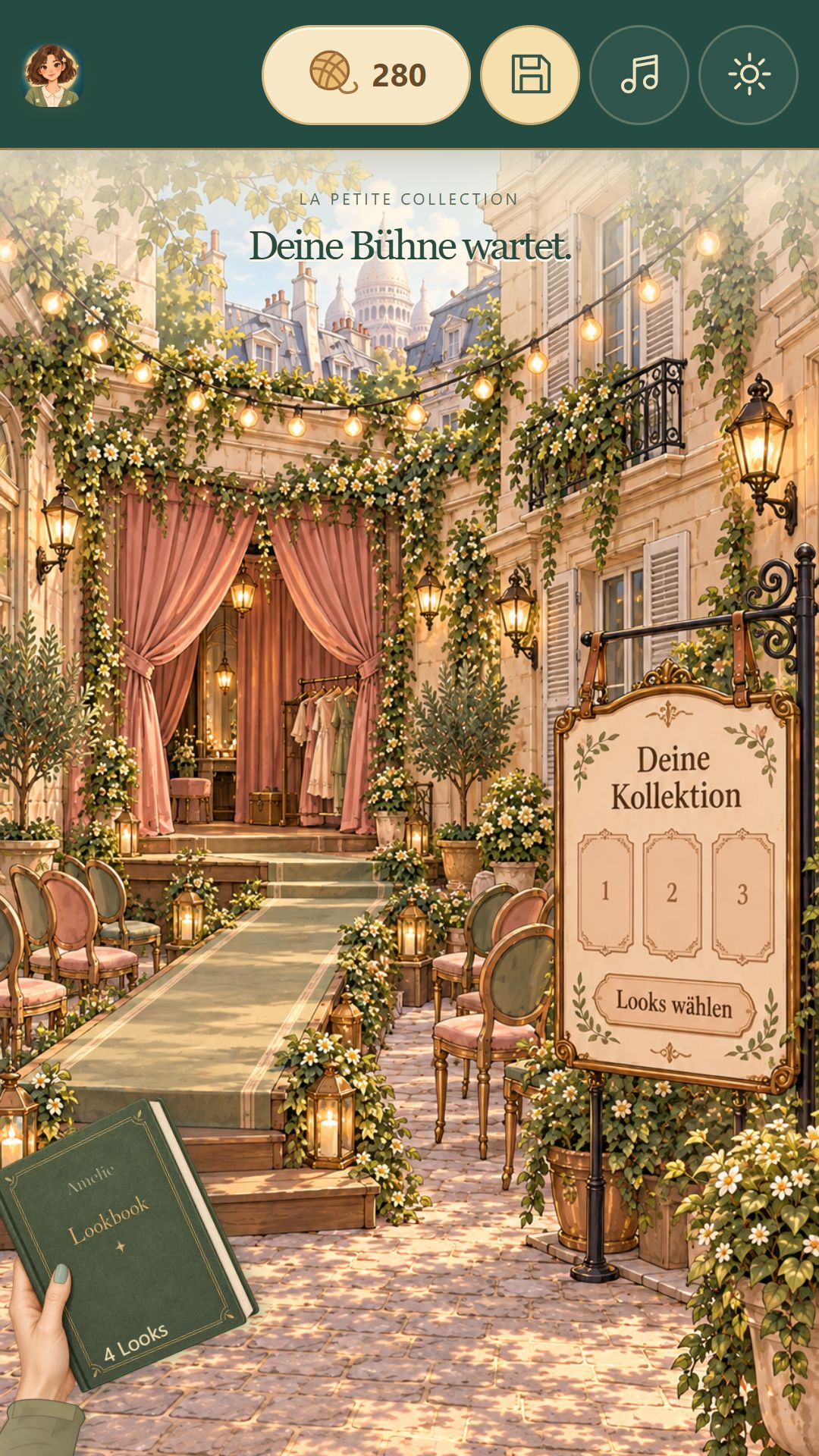 Modenschau-Hof mit Laufsteg, Lichterketten und Schild zum Zusammenstellen einer Kollektion