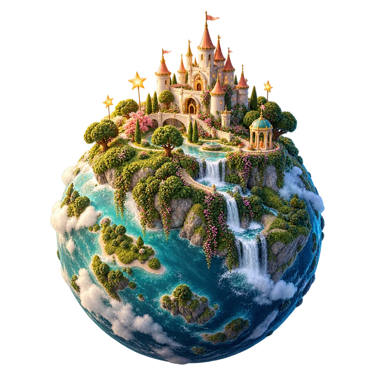 Ein Schloss mit Gärten und Wasserfällen auf dem Kids Planet