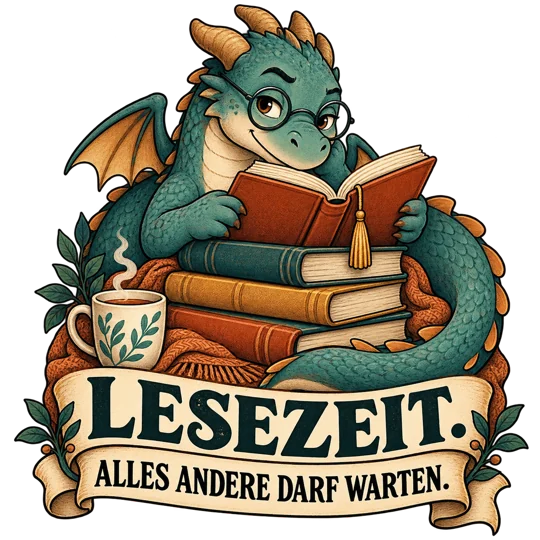 Bücherdrache mit dem Spruch Lesezeit, alles andere wartet