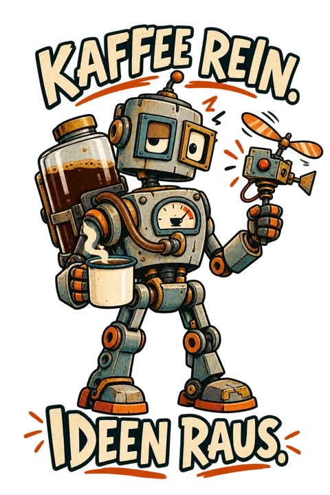 Illustration eines Kaffee-Roboters mit dem Spruch Kaffee rein, Ideen raus