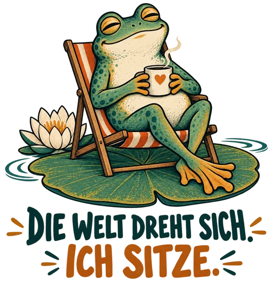 Entspannter Frosch im Liegestuhl mit humorvollem Spruch